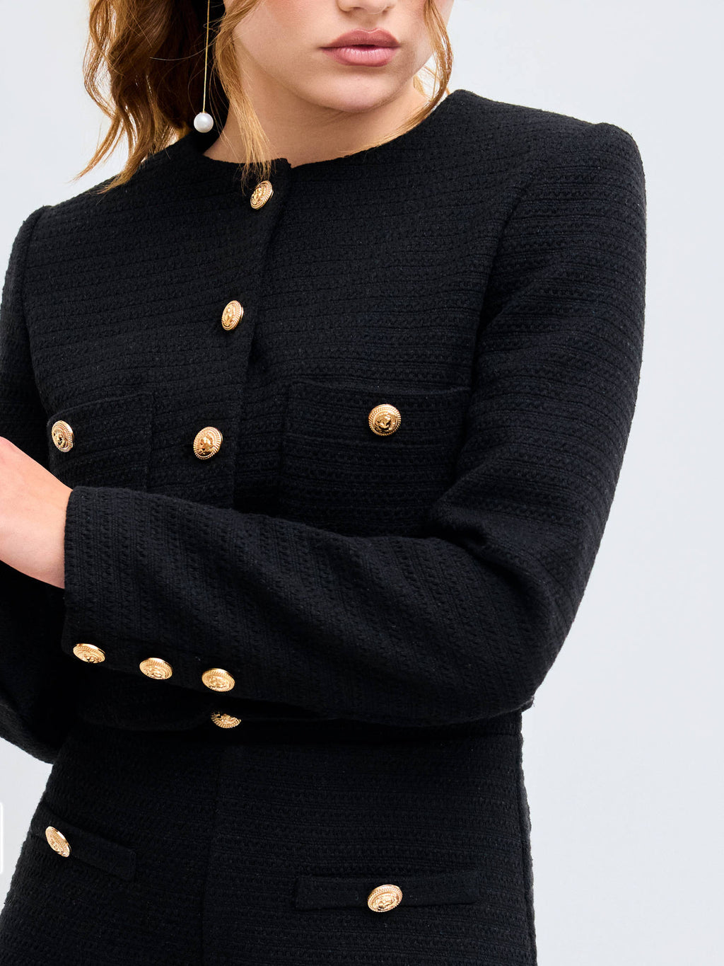Tweed Round Neckline Solid Button Pocket Jacket | JC78 - view 4