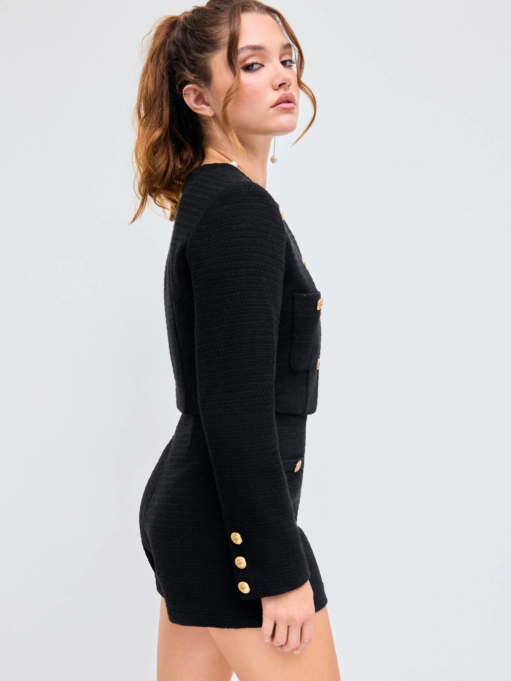 Tweed Round Neckline Solid Button Pocket Jacket | JC78 - view 5