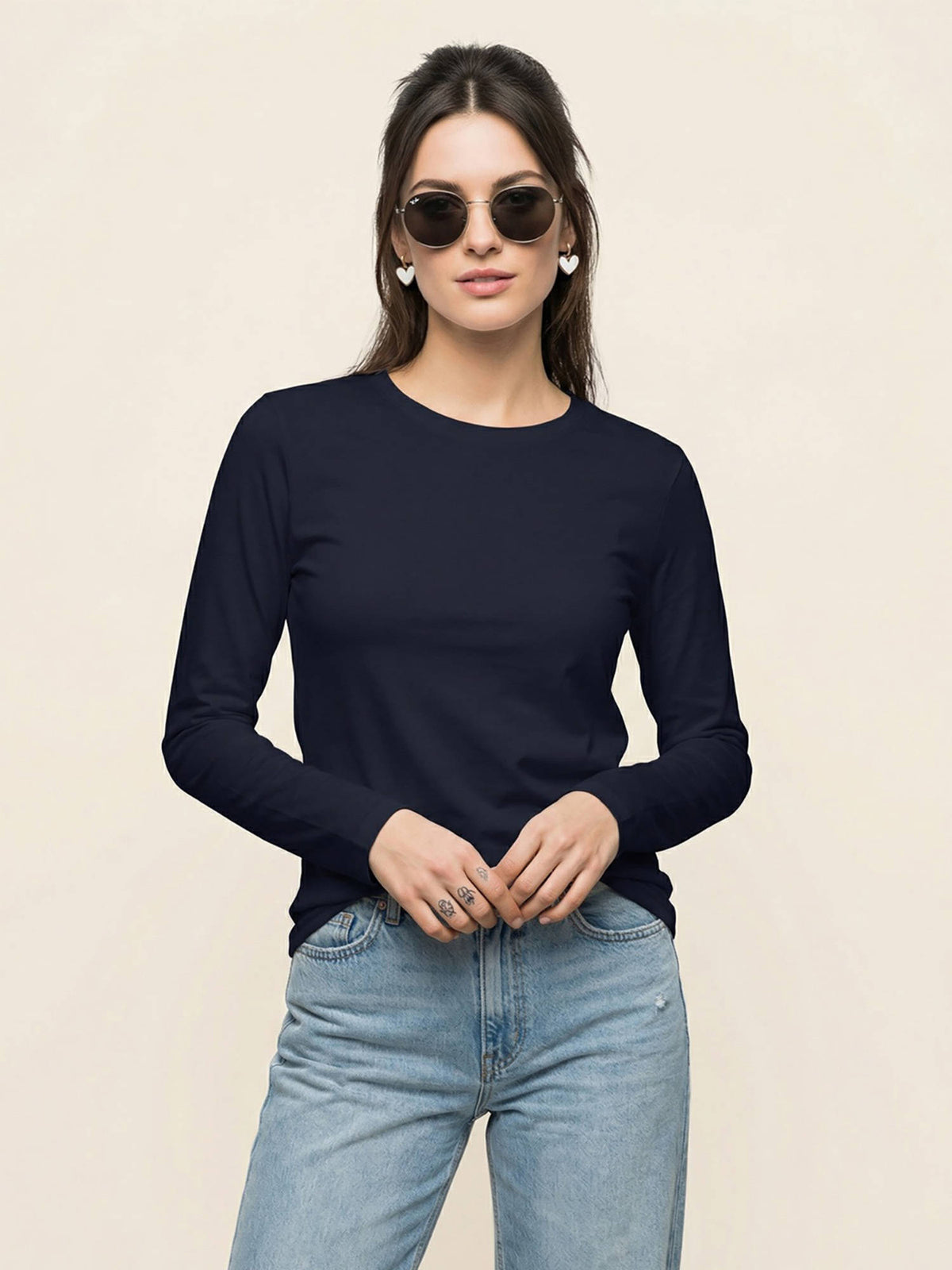 Women's Navy Blue Plain Full Sleeve T-Shirt | TS56 - view 1