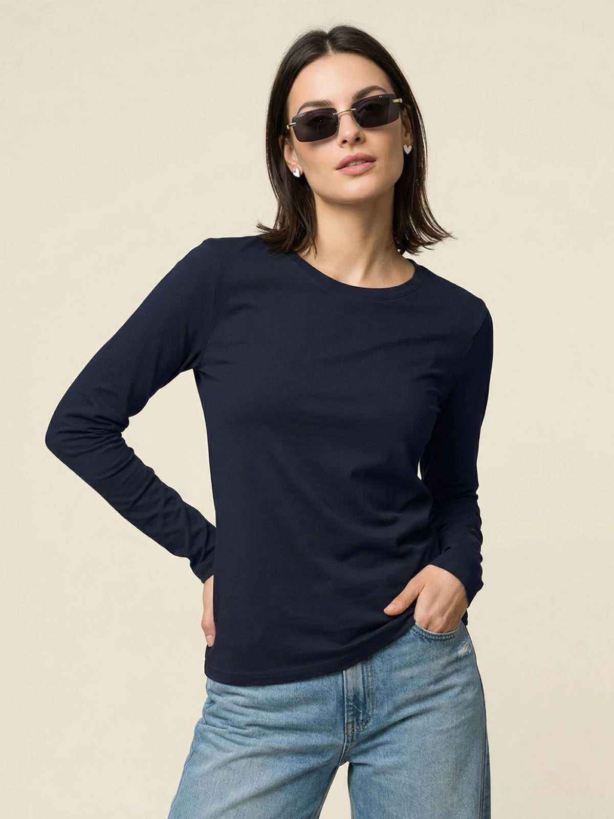 Women's Navy Blue Plain Full Sleeve T-Shirt | TS56 - view 3