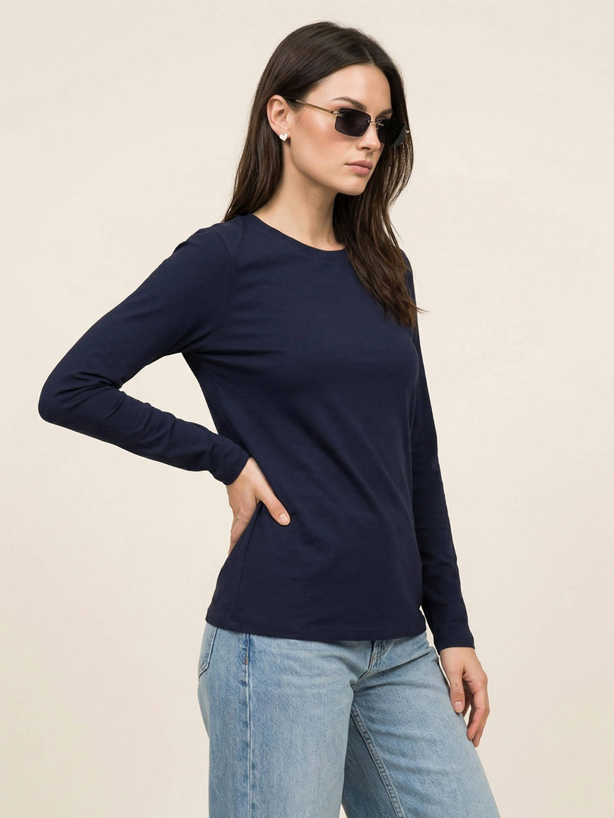 Women's Navy Blue Plain Full Sleeve T-Shirt | TS56 - view 4