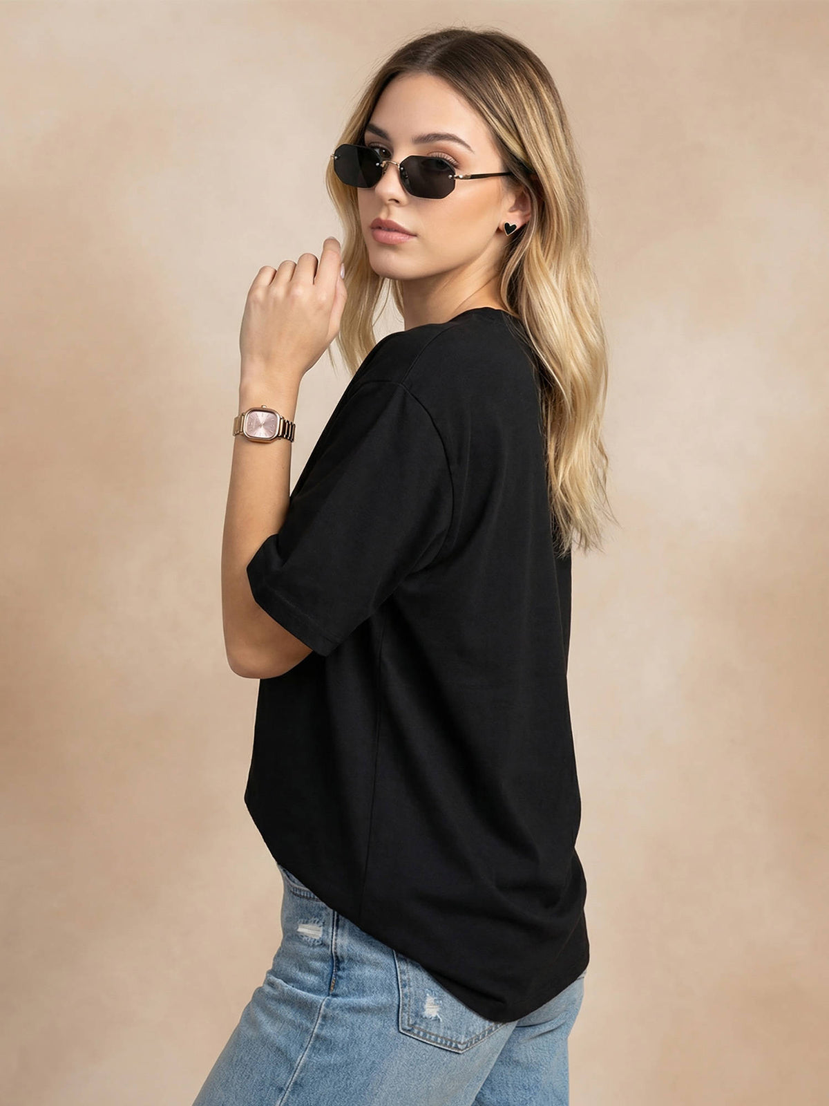 Women's Black Plain Oversized T-Shirt | TS56 - view 4