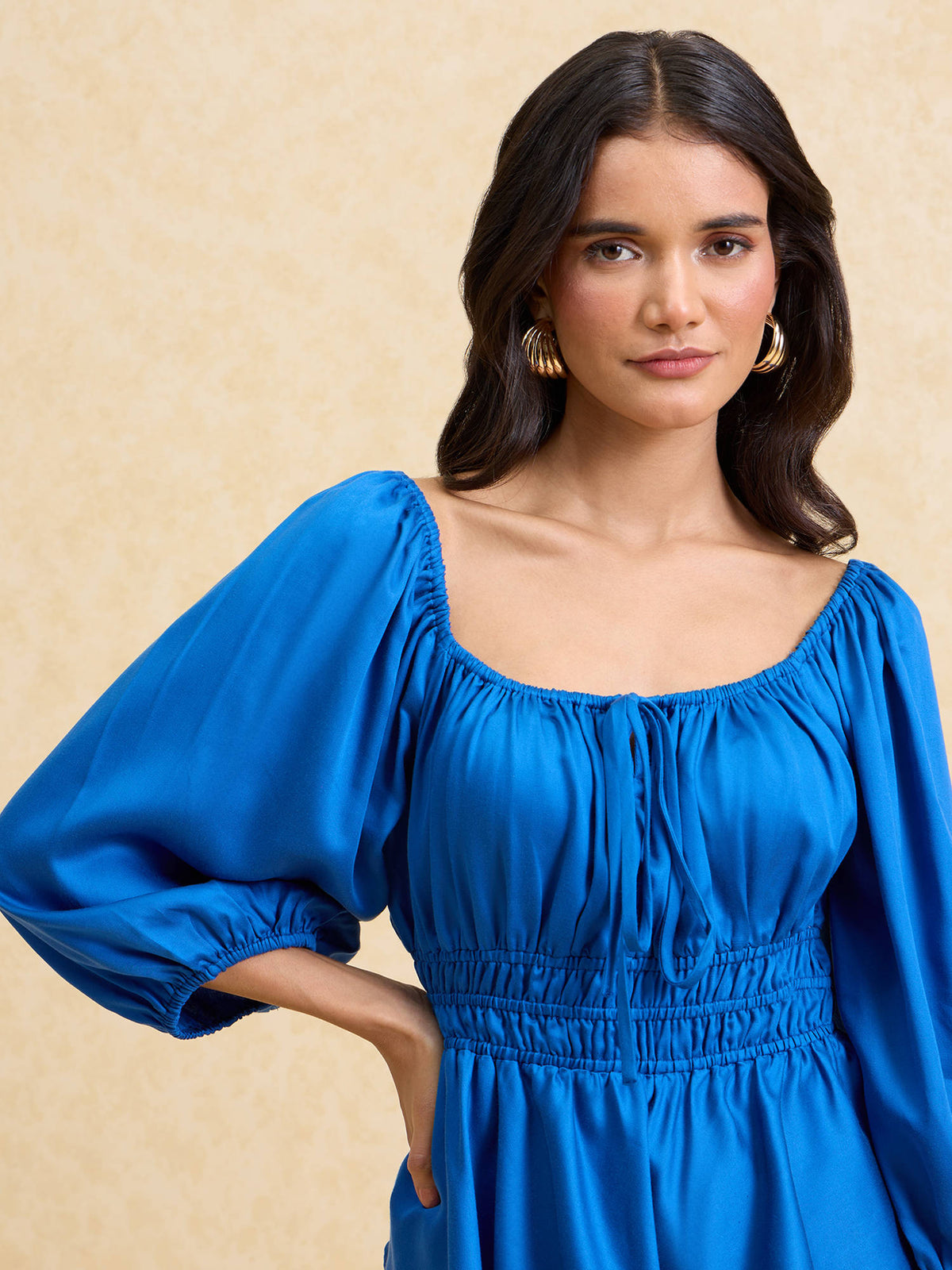 Cobalt Blue Round Neck Puff Sleeves Peplum Top | pt51 - view 5