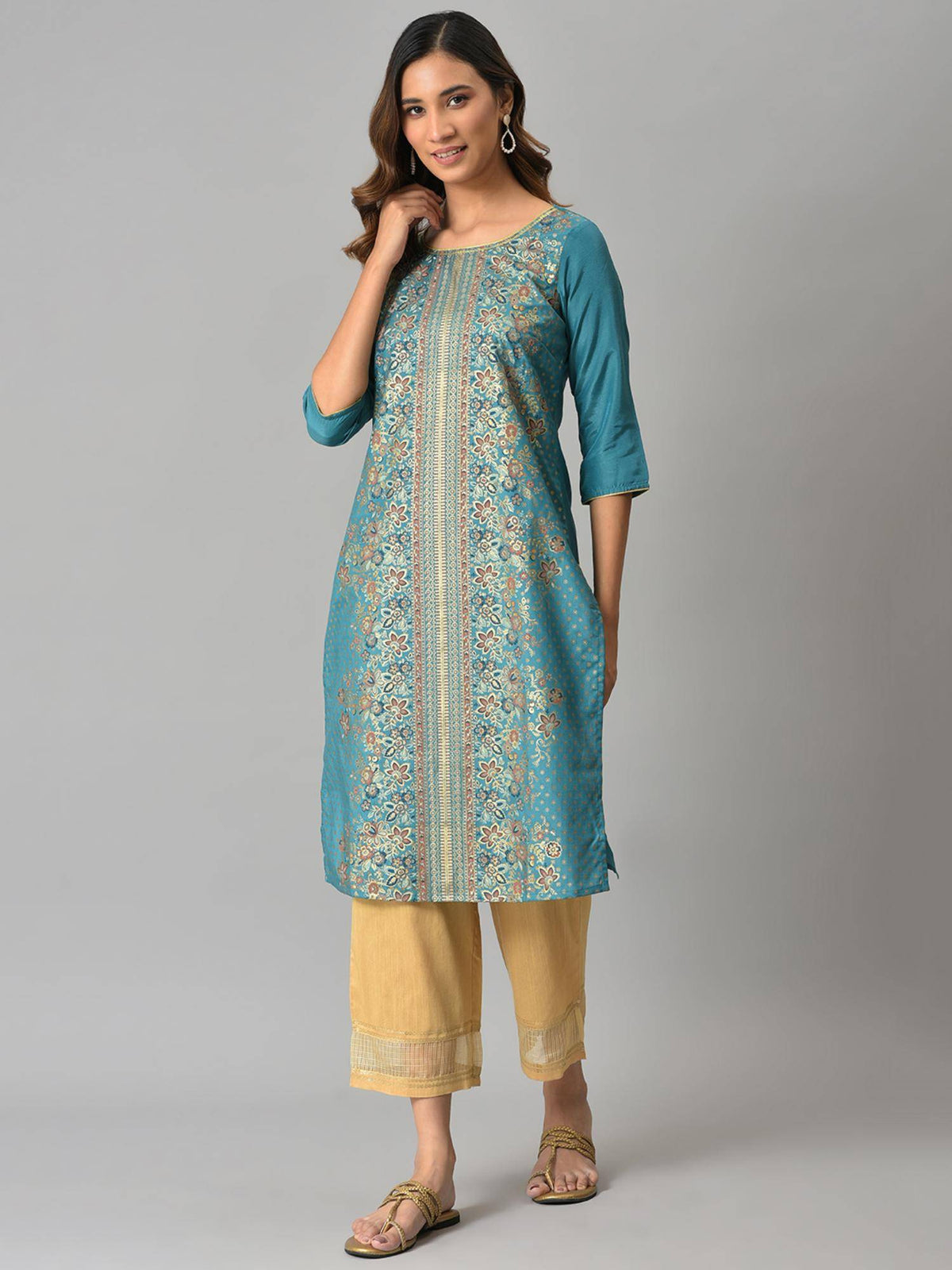 Green Floral Printed Sequined Ethnic Kurta | KDG - view 1