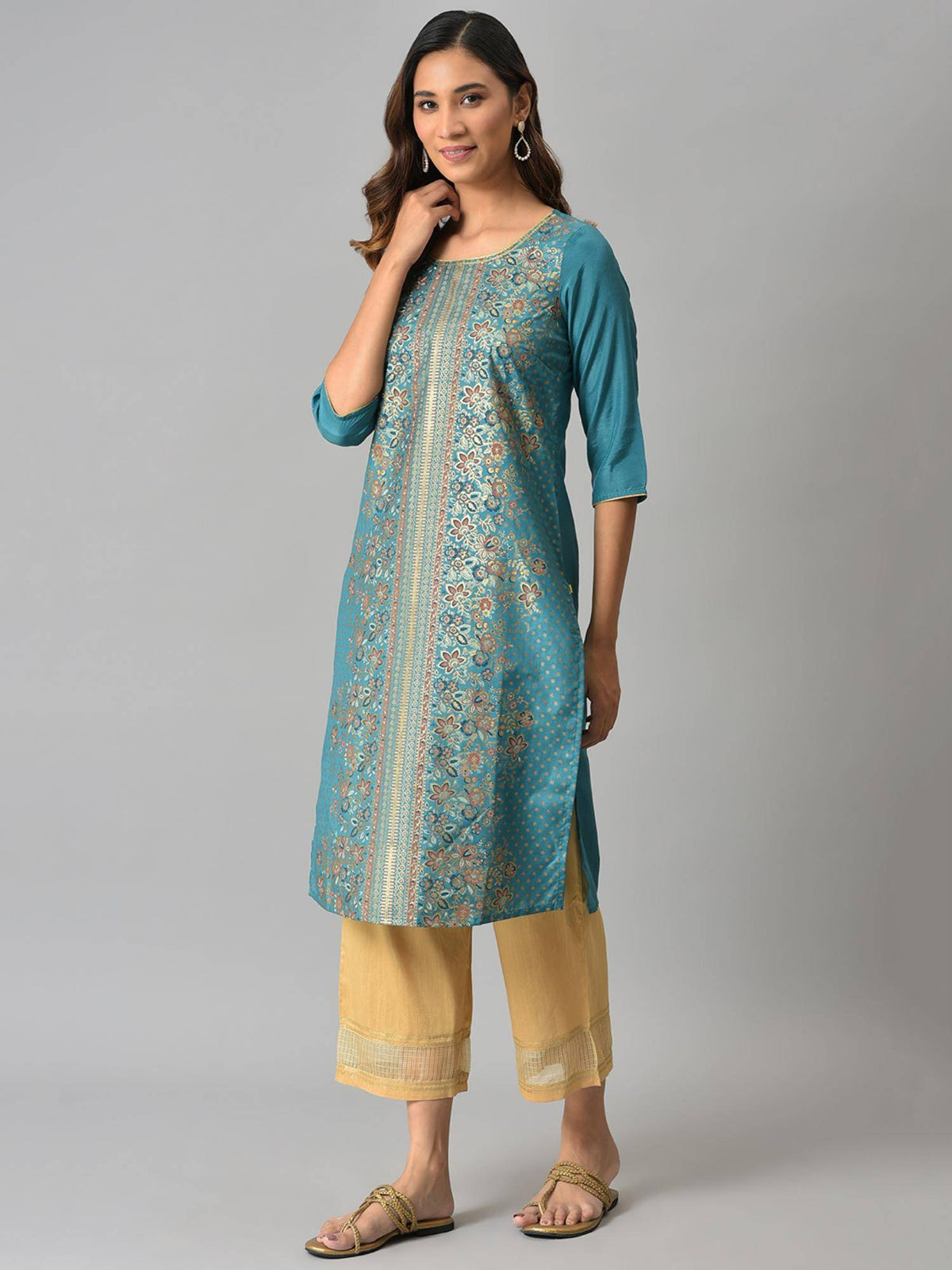 Green Floral Printed Sequined Ethnic Kurta | U3S - view 3