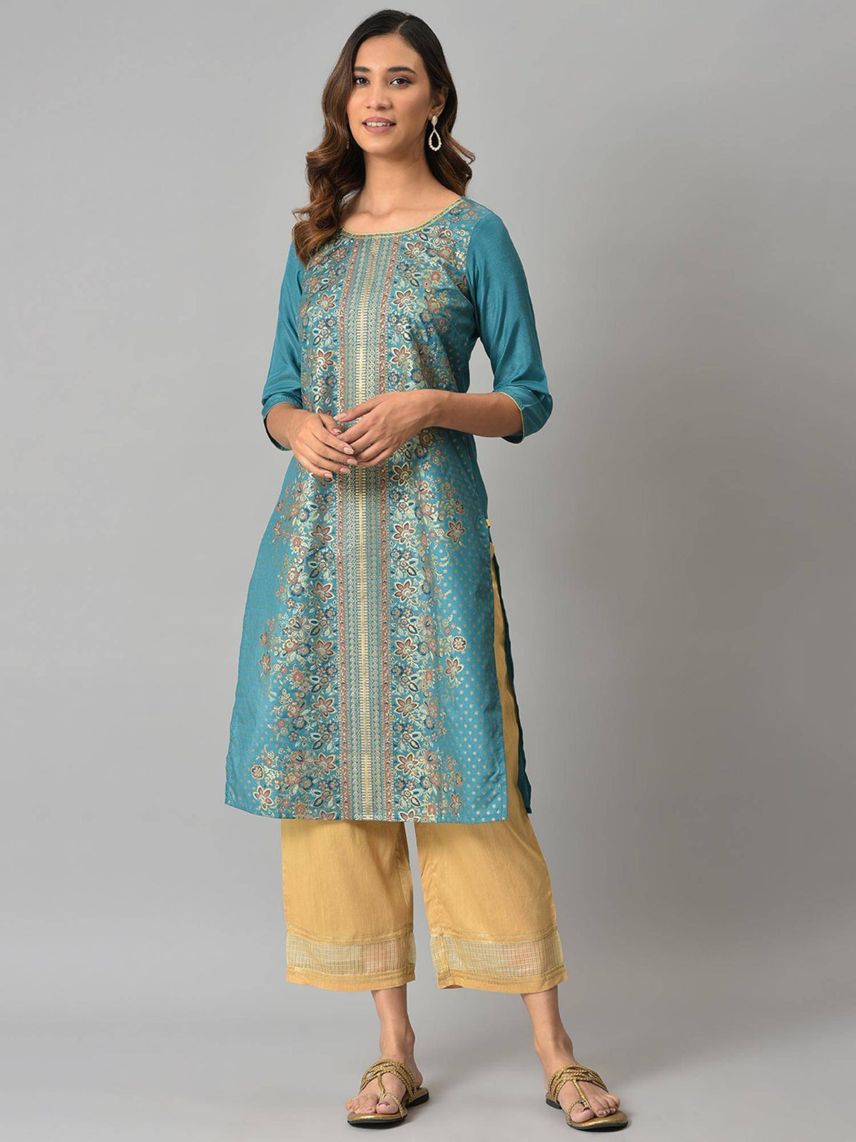 Green Floral Printed Sequined Ethnic Kurta | FY93 - view 5