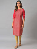 Red Printed Round Neck Kurta with Lace Detail | KDG - view 1