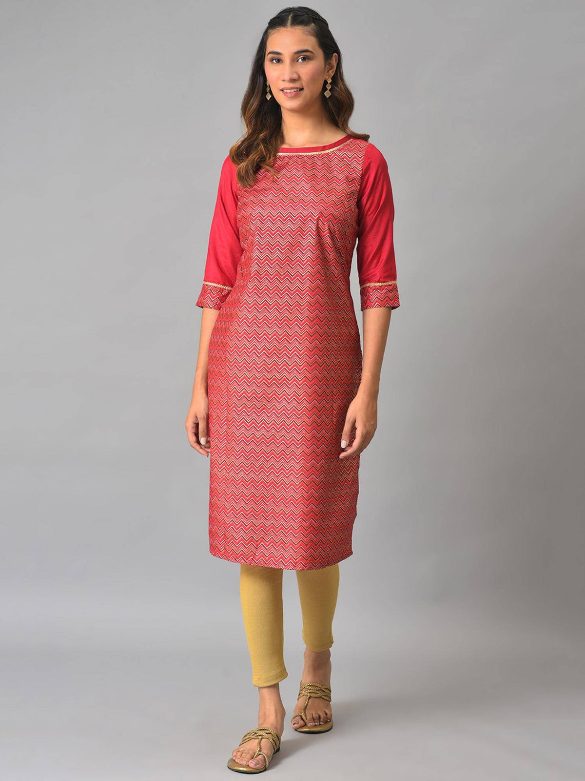 Red Printed Round Neck Kurta with Lace Detail | KDG - view 1