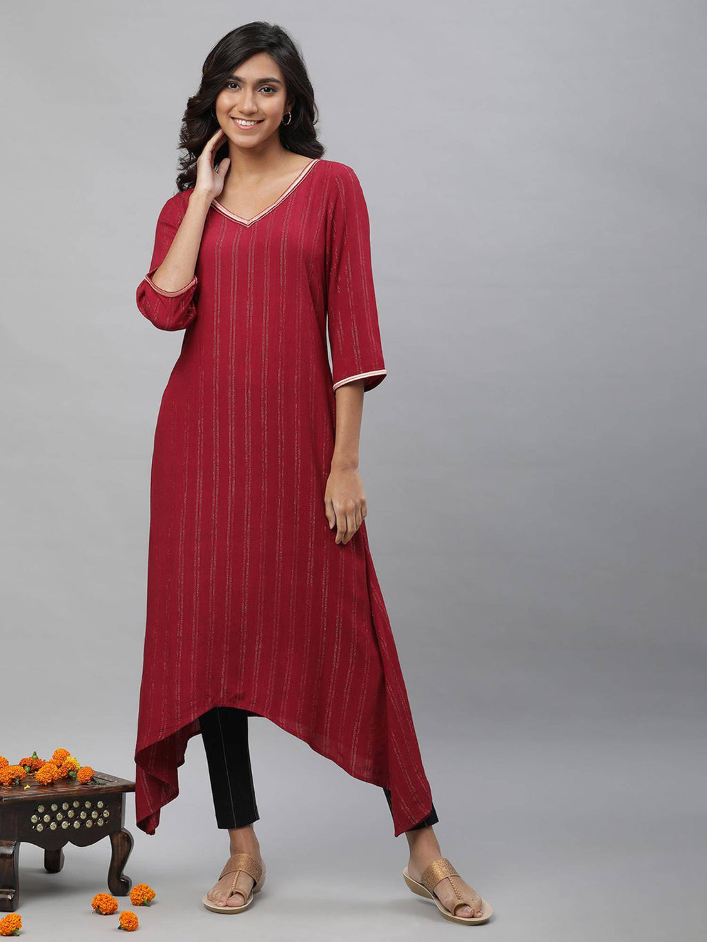 Maroon Embroidered Asymmetrical Kurta | FY93 - view 1