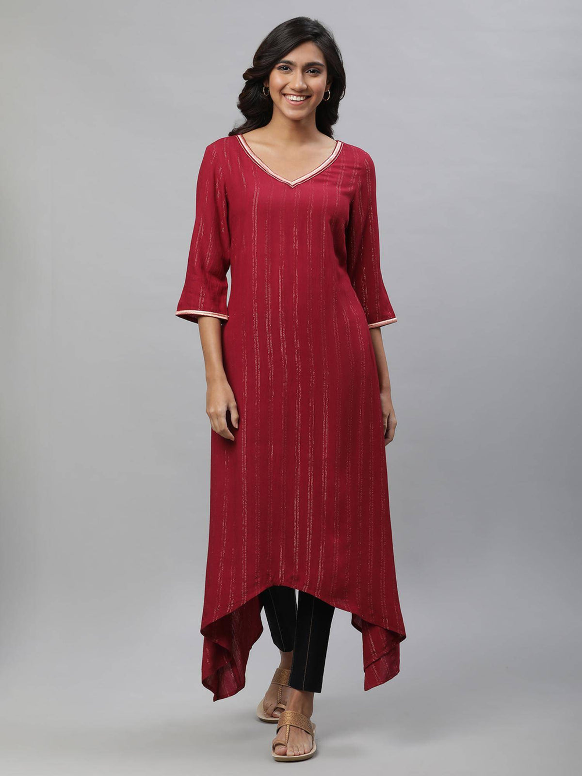 Maroon Embroidered Asymmetrical Kurta | FY93 - view 2