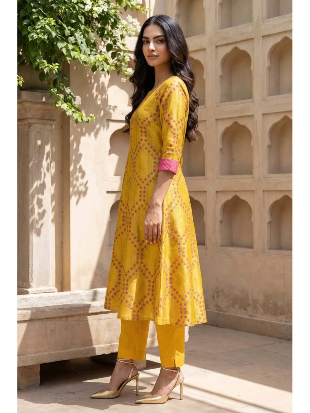 Yellow Geometric Printed A-Line Kurta | U3S - view 3