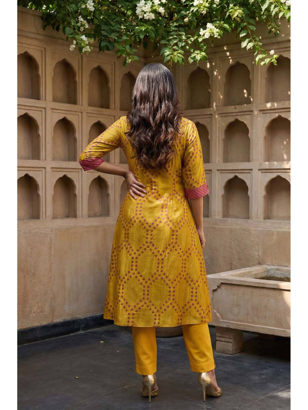 Yellow Geometric Printed A-Line Kurta | U3S - view 4