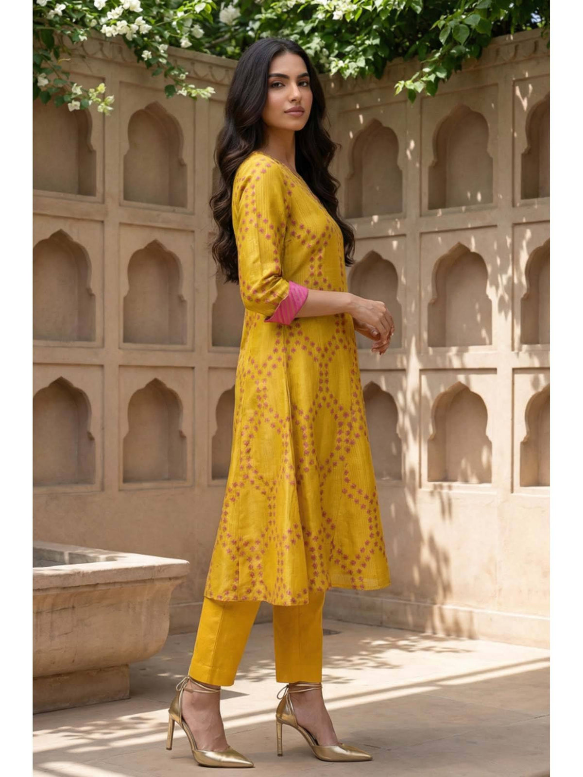 Yellow Geometric Printed A-Line Kurta | FY93 - view 5