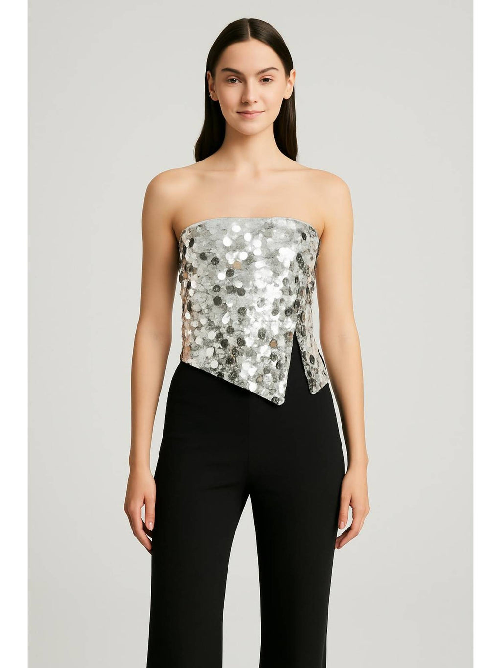 Sequin Asymmetrical Split Tube Crop Top | TT90 - view 1