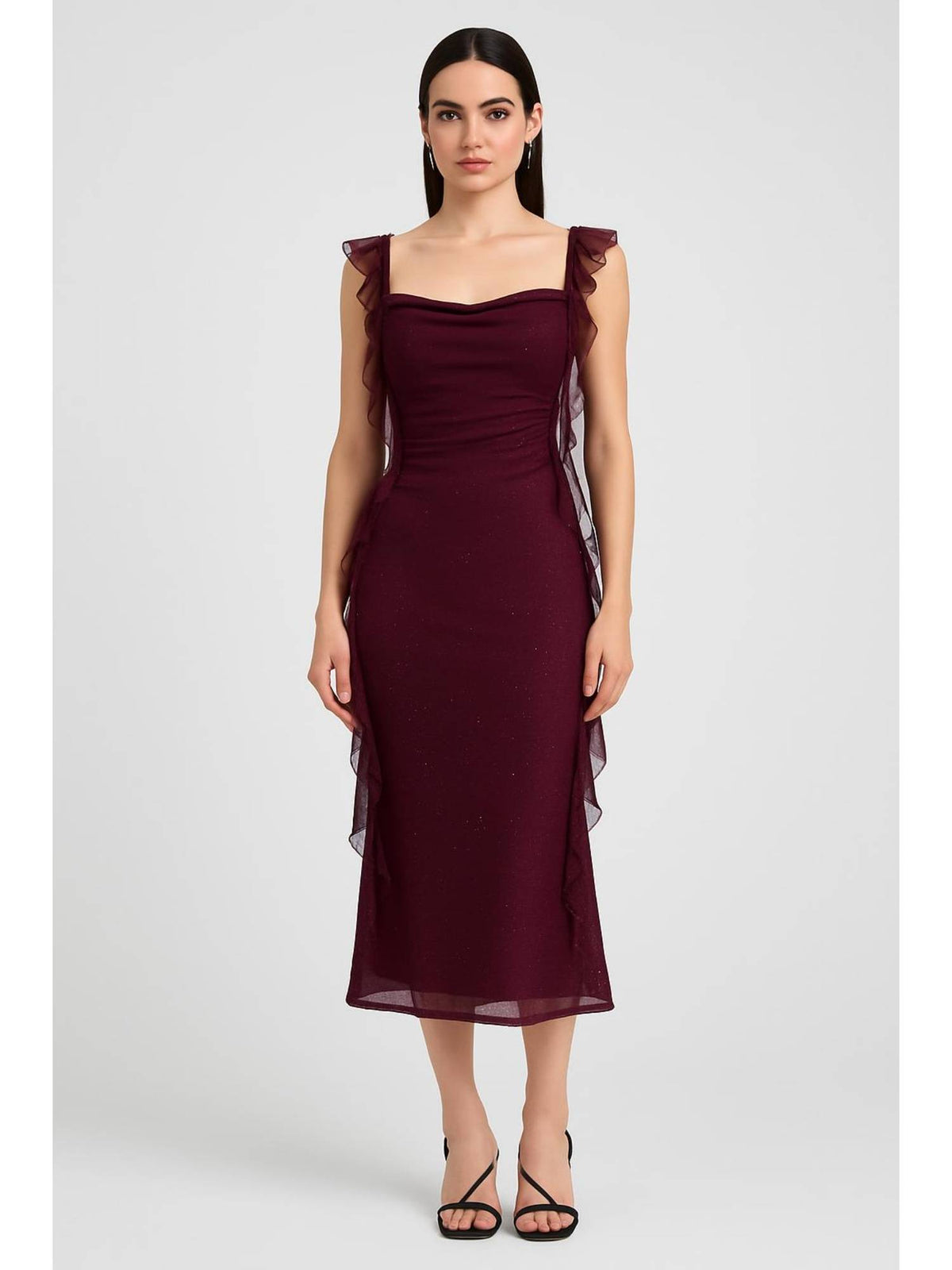 Cowl Neck Solid Glitter Ruffle Hem Maxi Dress | D56 - view 1