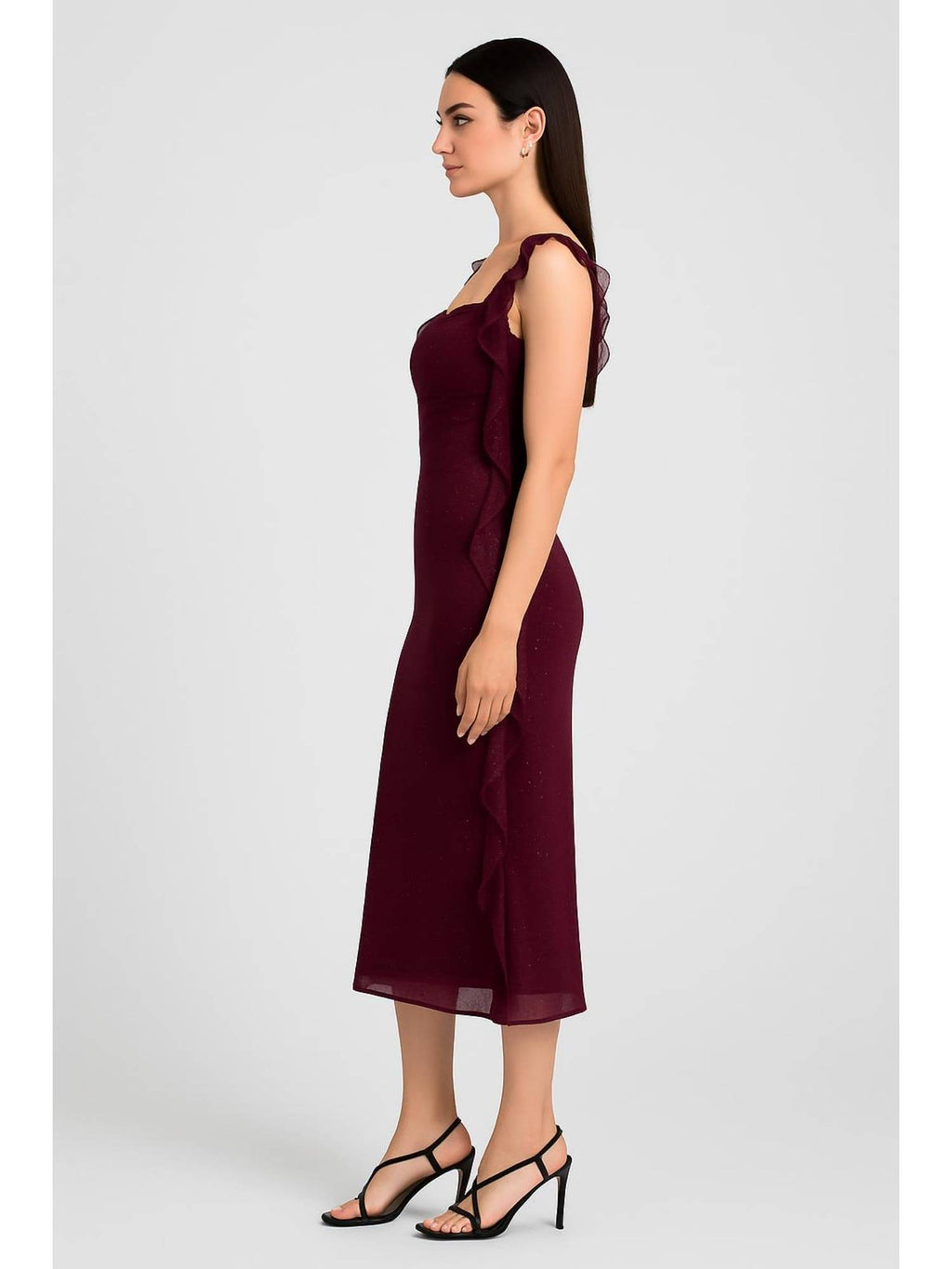 Cowl Neck Solid Glitter Ruffle Hem Maxi Dress | D56 - view 2