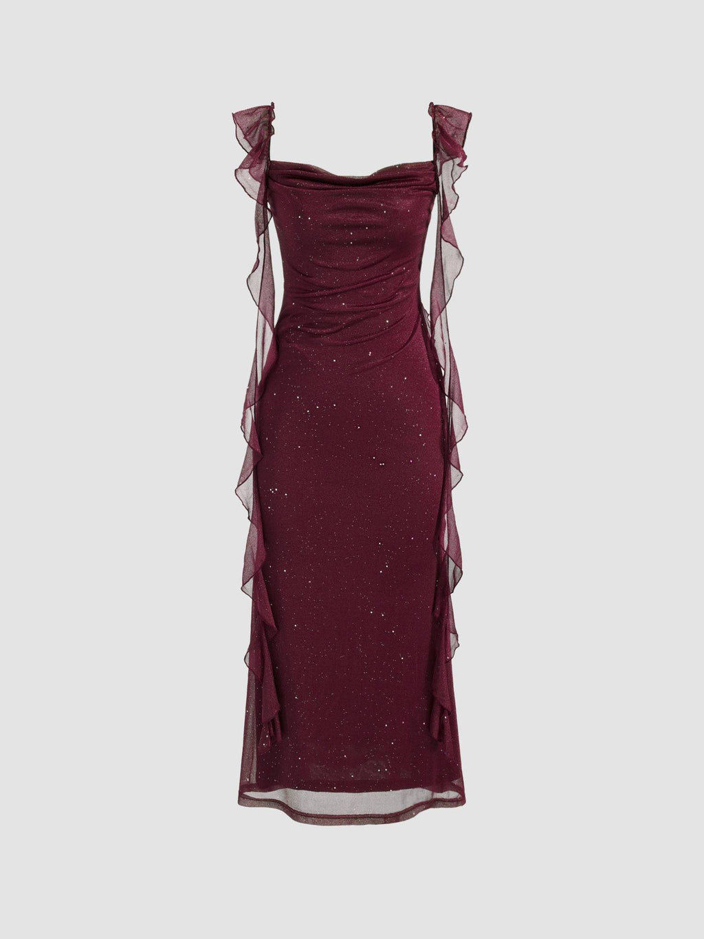 Cowl Neck Solid Glitter Ruffle Hem Maxi Dress | D56 - view 4