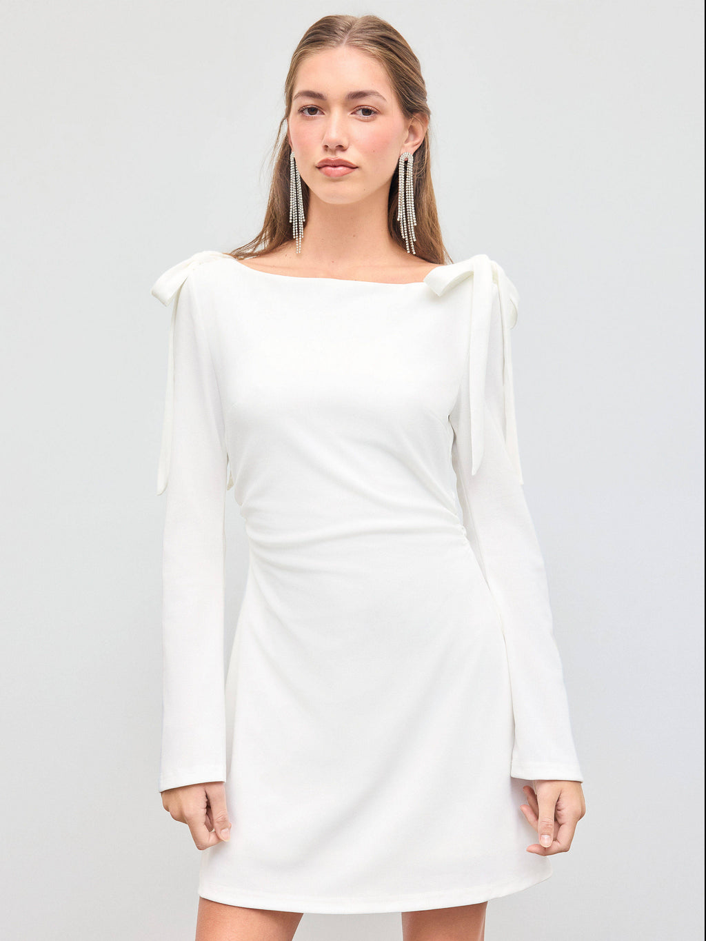 Boat Neckline Solid Ruched Bowknot Mini Dress | D56 - view 15