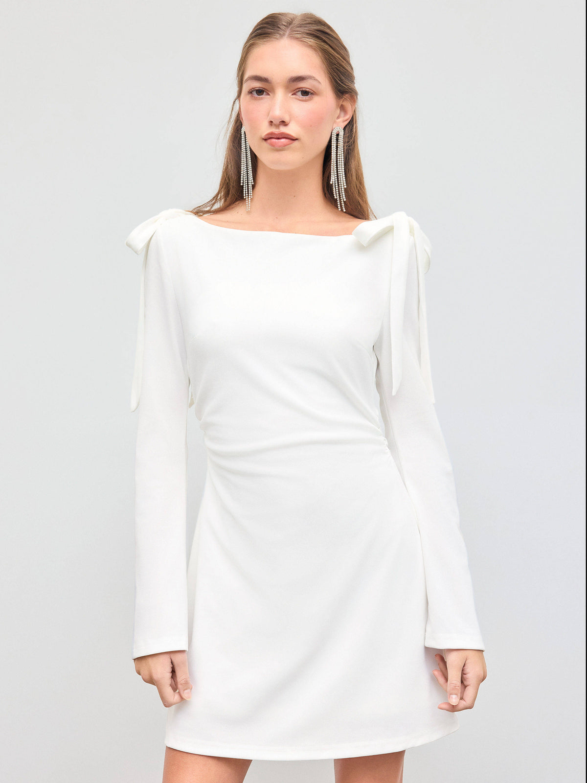 Boat Neckline Solid Ruched Bowknot Mini Dress | D56 - view 15