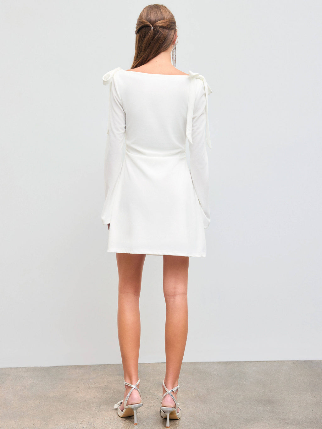 Boat Neckline Solid Ruched Bowknot Mini Dress | D56 - view 16