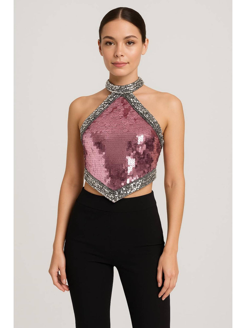 Sequin Halter Neckline Contrasting Binding Crop Tank Top | TT98 - view 1