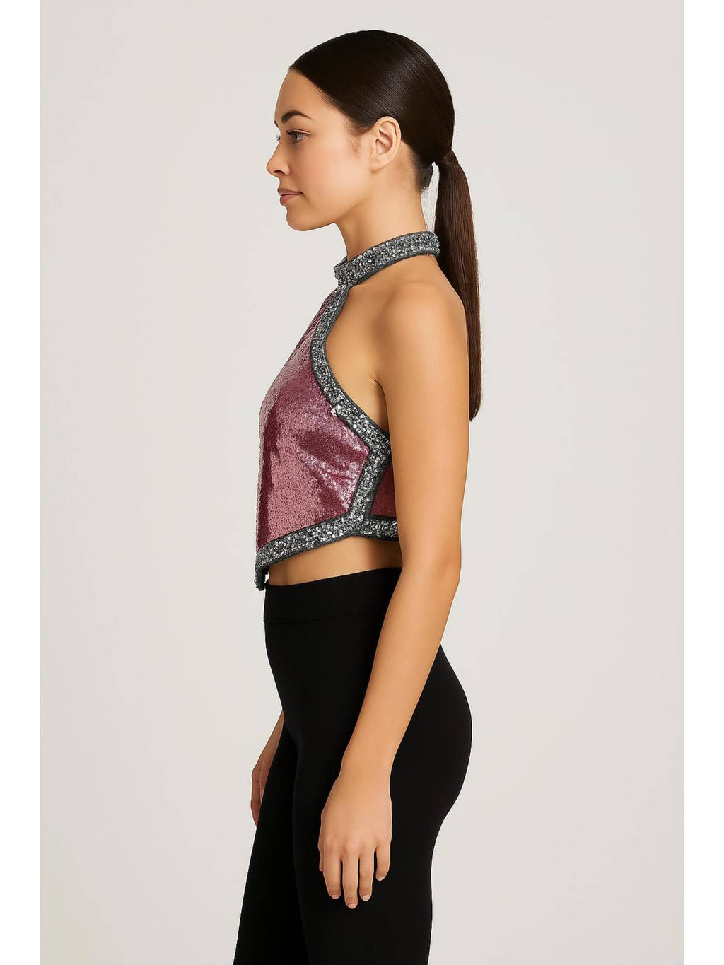 Sequin Halter Neckline Contrasting Binding Crop Tank Top | TT98 - view 2