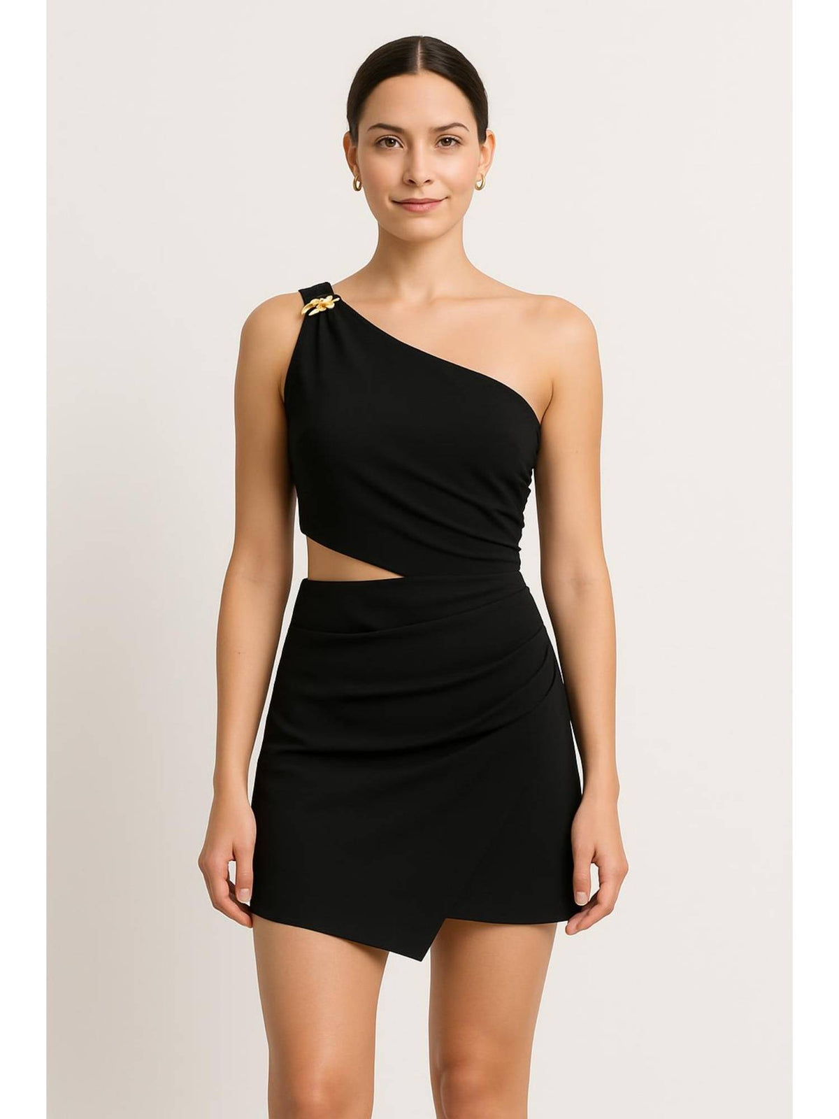 Asymmetrical Neck Metal Detail Cut Out Ruched Mini Dress | D56 - view 12