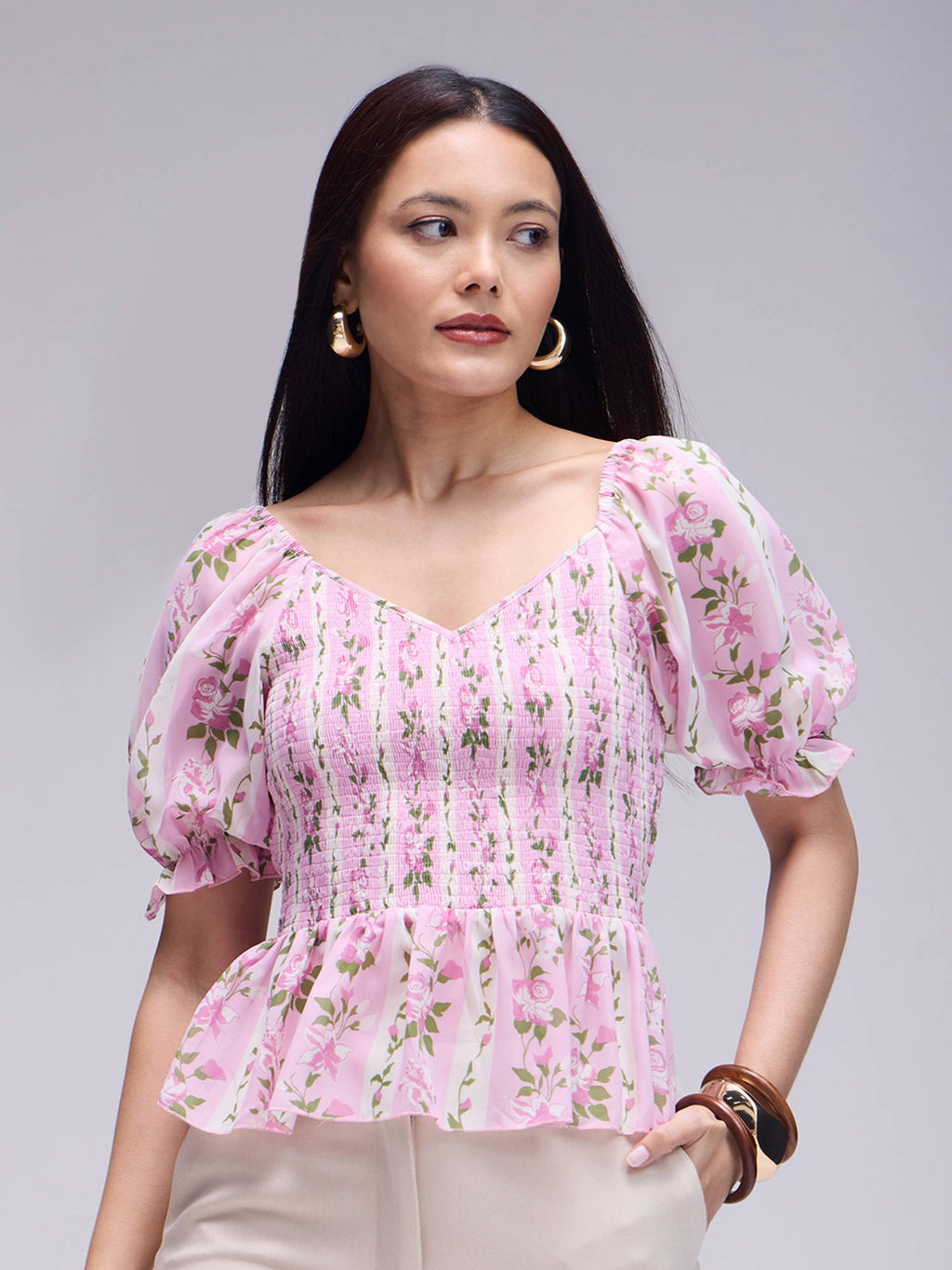 Multicolour Wide Neck Puff Sleeves Peplum Top | pt51 - view 1