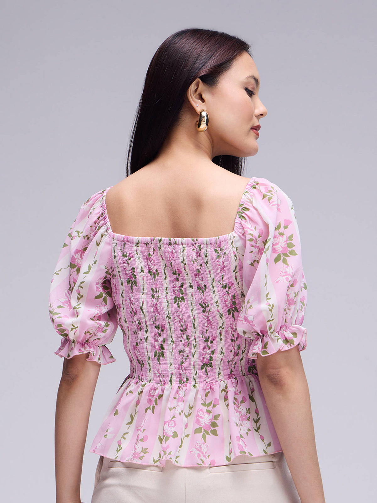 Multicolour Wide Neck Puff Sleeves Peplum Top | pt51 - view 2