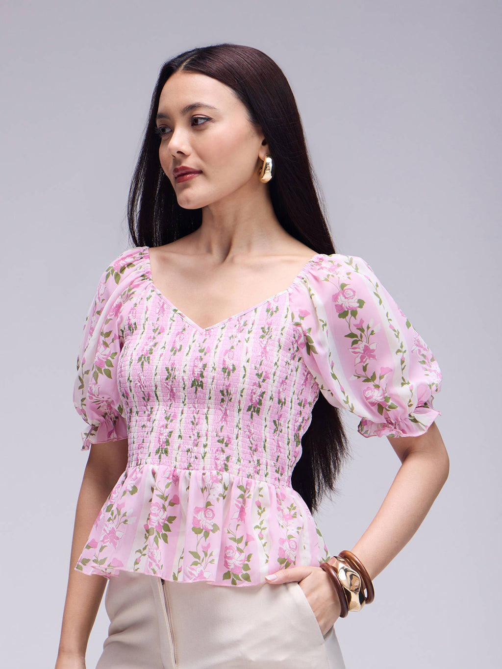 Multicolour Wide Neck Puff Sleeves Peplum Top | pt51 - view 3