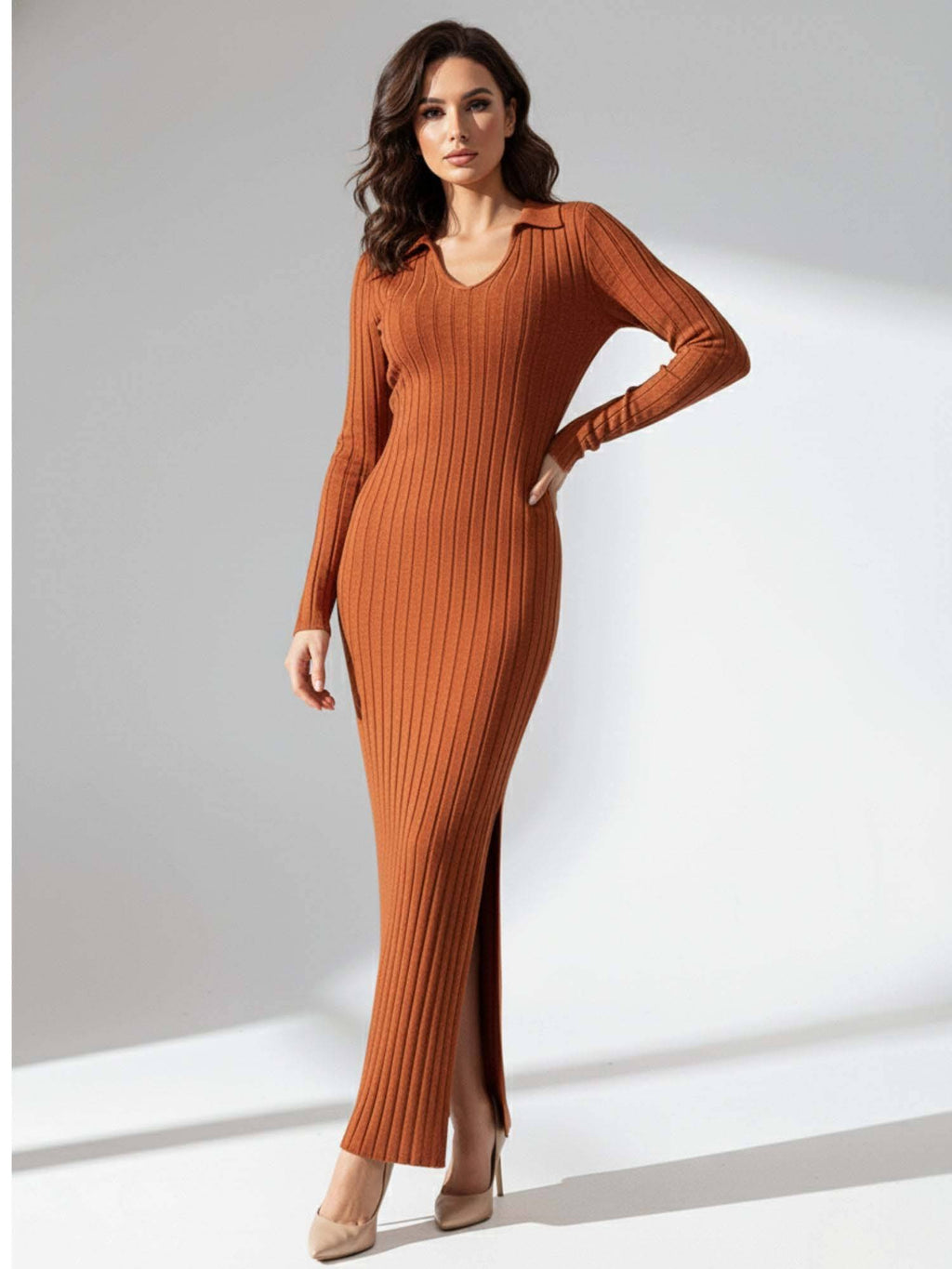 Rust Collared Wide Spaced Rib Dress | D56 - view 2