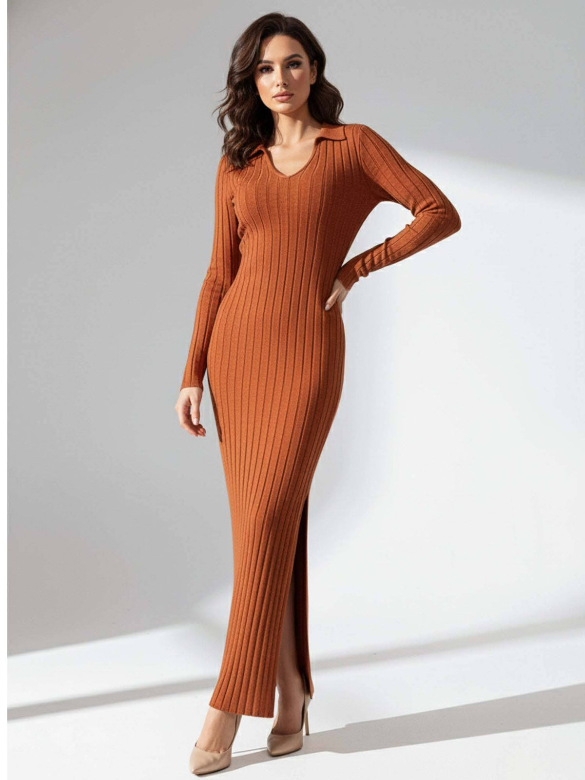 Rust Collared Wide Spaced Rib Dress | D56 - view 2