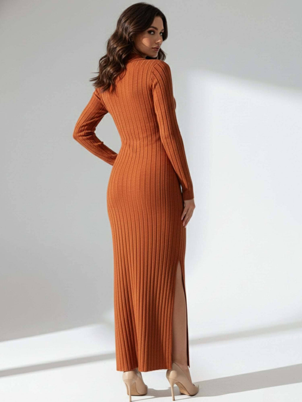 Rust Collared Wide Spaced Rib Dress | D56 - view 4