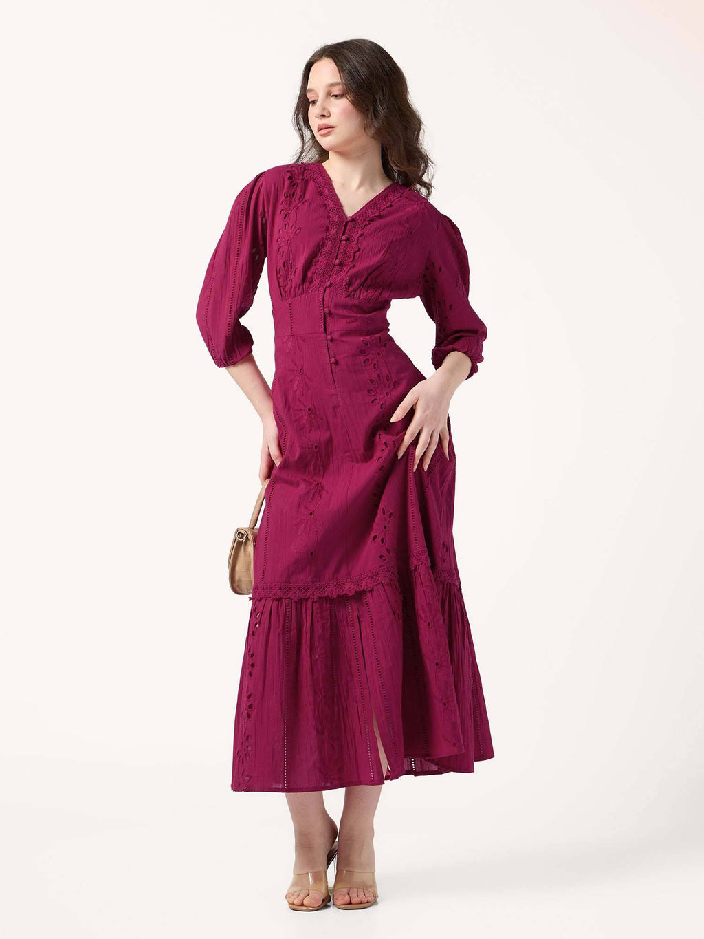 Fuchsia Pink V Neck Schiffli Dress | D56 - view 1