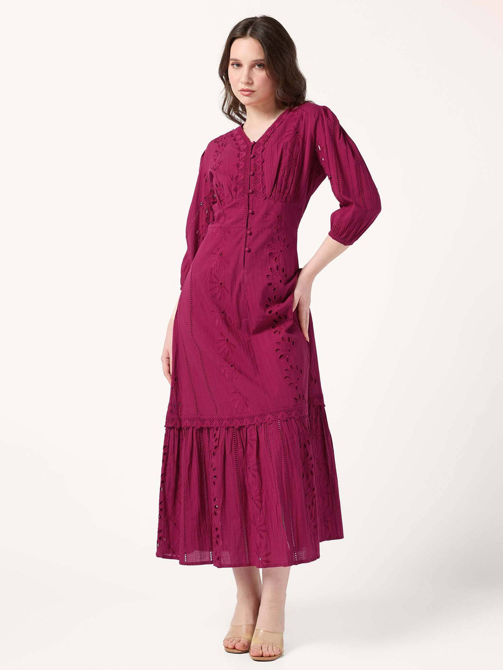 Fuchsia Pink V Neck Schiffli Dress | D56 - view 3