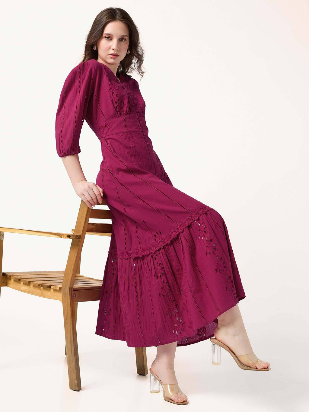 Fuchsia Pink V Neck Schiffli Dress | D56 - view 4