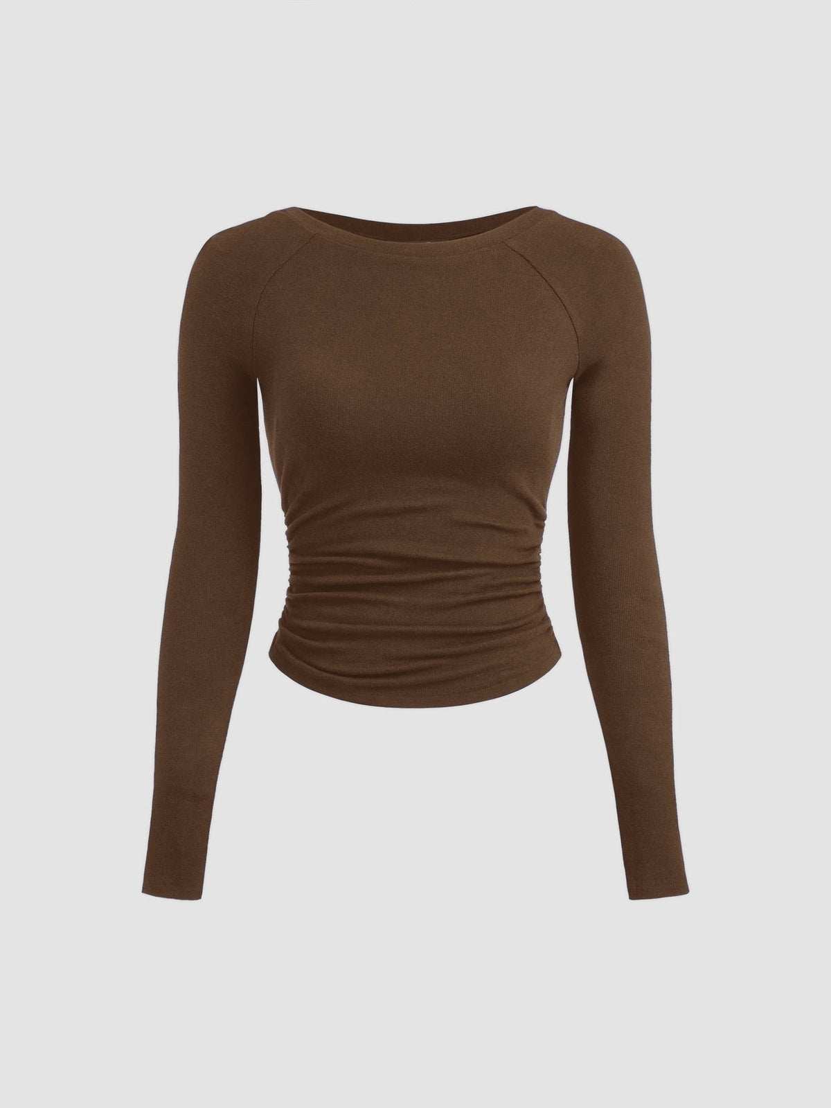 Thermal Cotton-blend Boat Neck Solid Ruched Long Sleeve Tee | TS56 - view 24