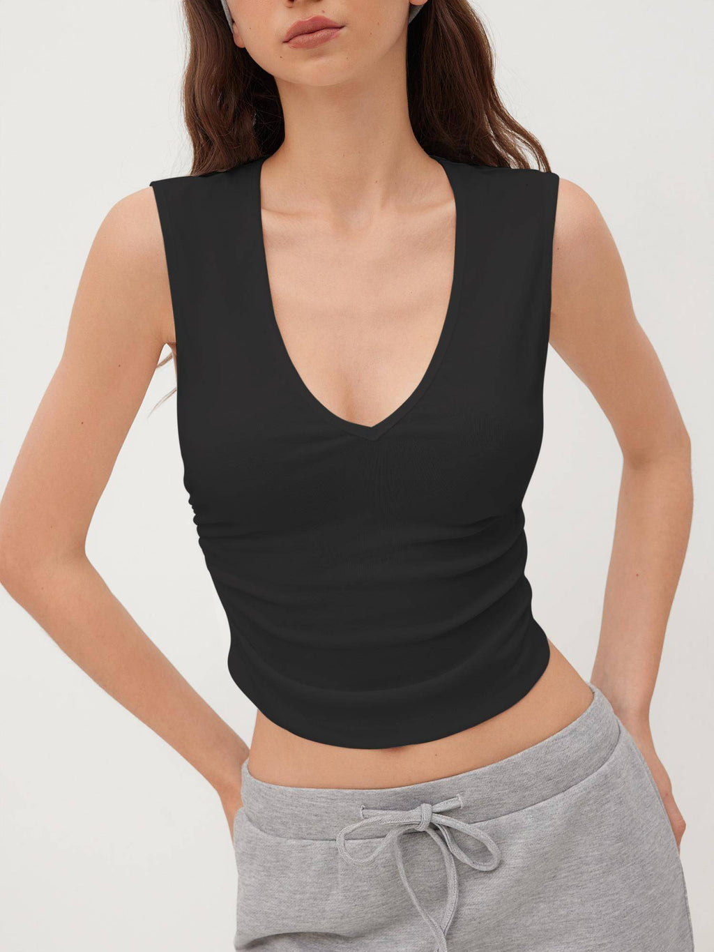 Cotton-blend V-neck Ruched Tank Top | TT98 - view 15