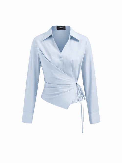 100% Cotton Collar V-neck Long Sleeve Wrap Tie Side Shirt | S67 - view 1