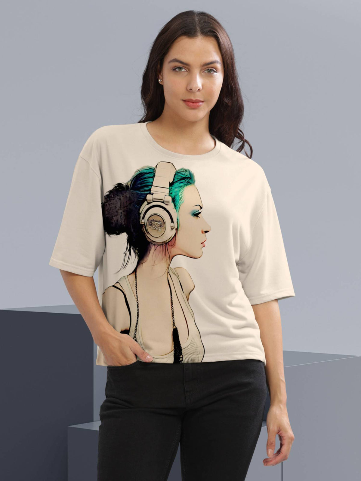 Women Beige Graphic Printed Loose Fit Crew Neck Crop T-Shirt | TS56 - view 1