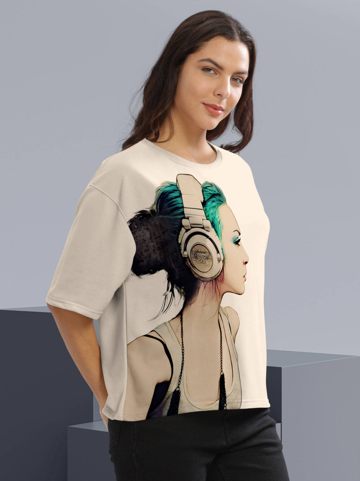 Women Beige Graphic Printed Loose Fit Crew Neck Crop T-Shirt | TS56 - view 2