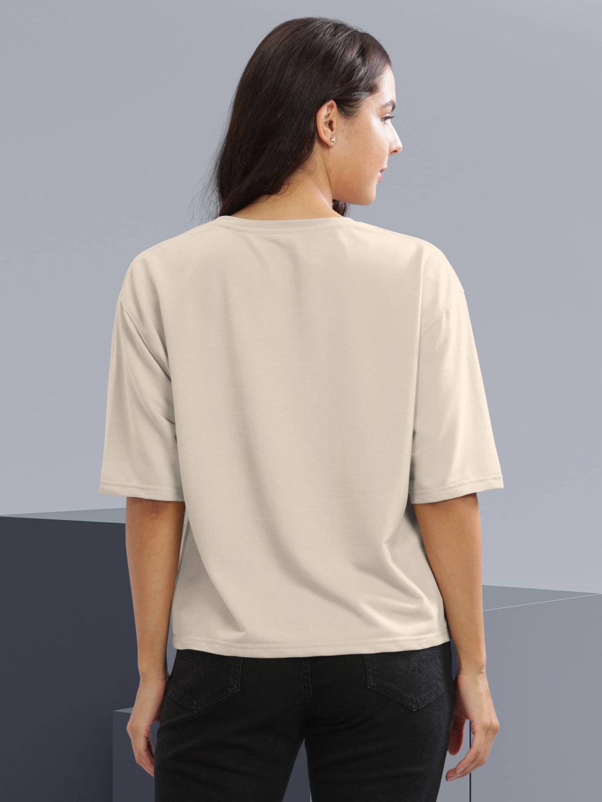 Women Beige Graphic Printed Loose Fit Crew Neck Crop T-Shirt | TS56 - view 4
