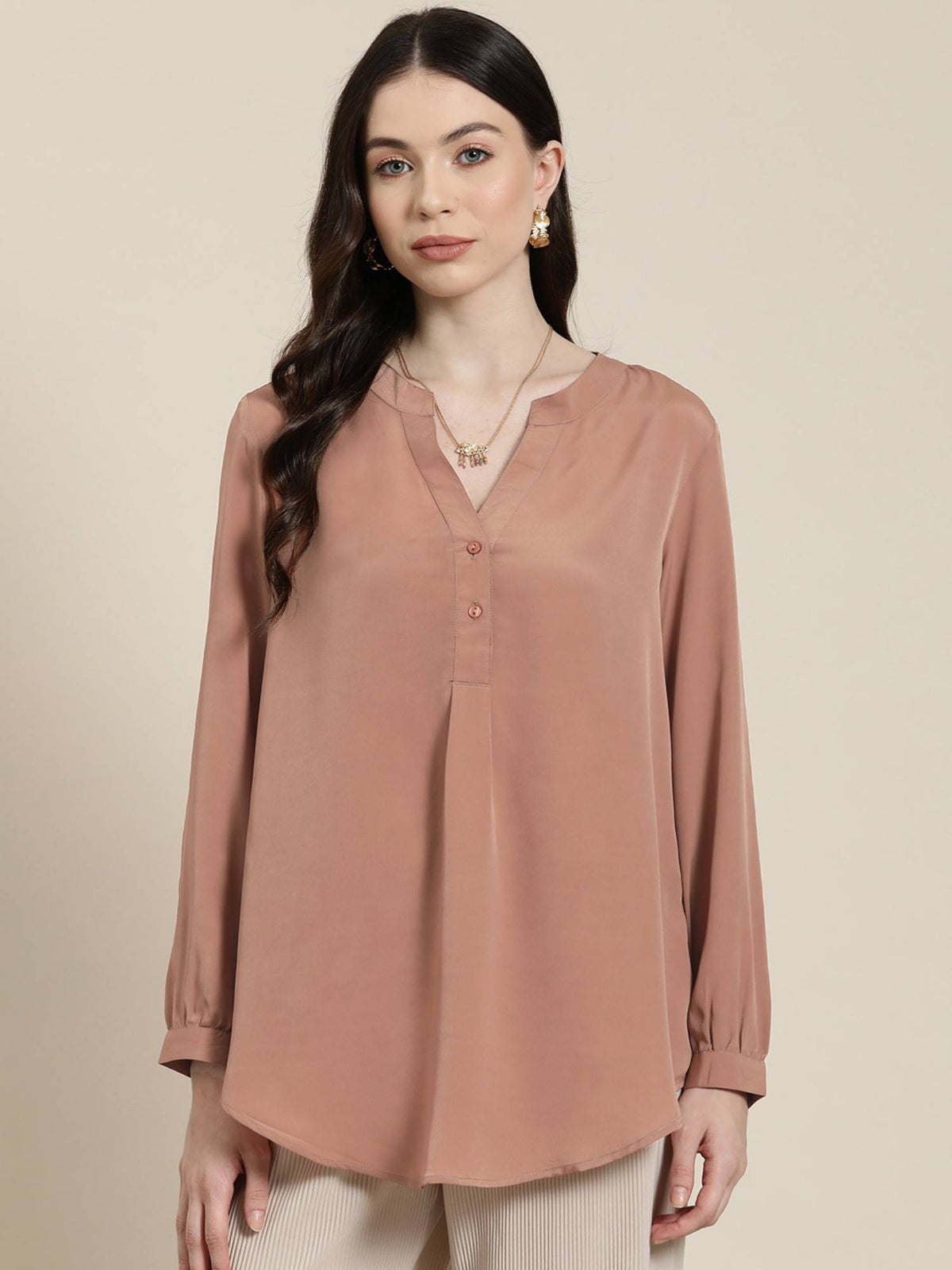 Caramel French Crepe Half Placket Shirt | S67 - view 1