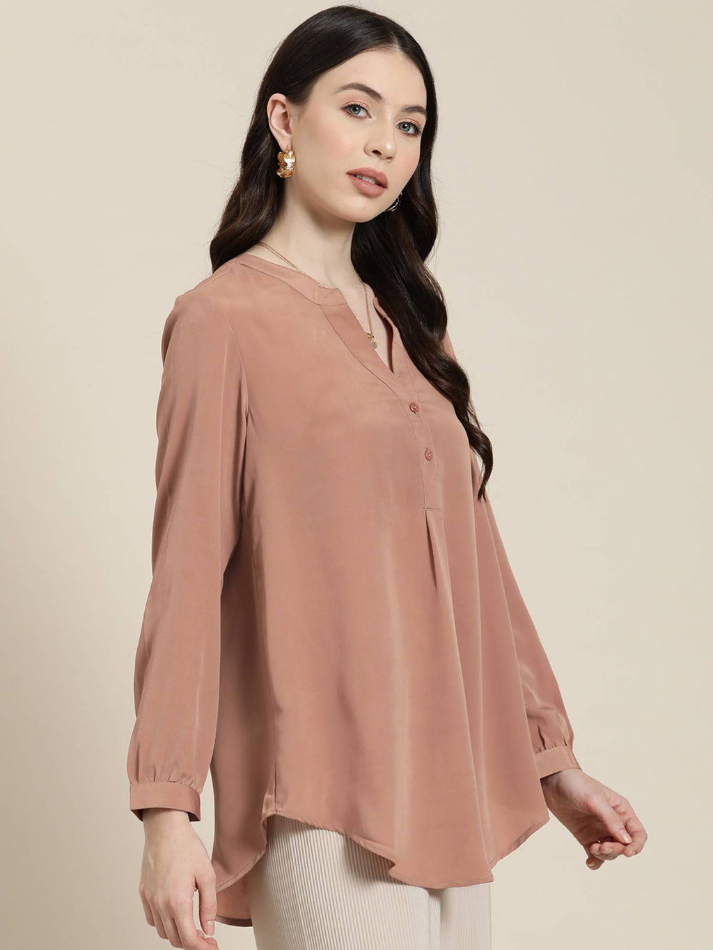 Caramel French Crepe Half Placket Shirt | S67 - view 4