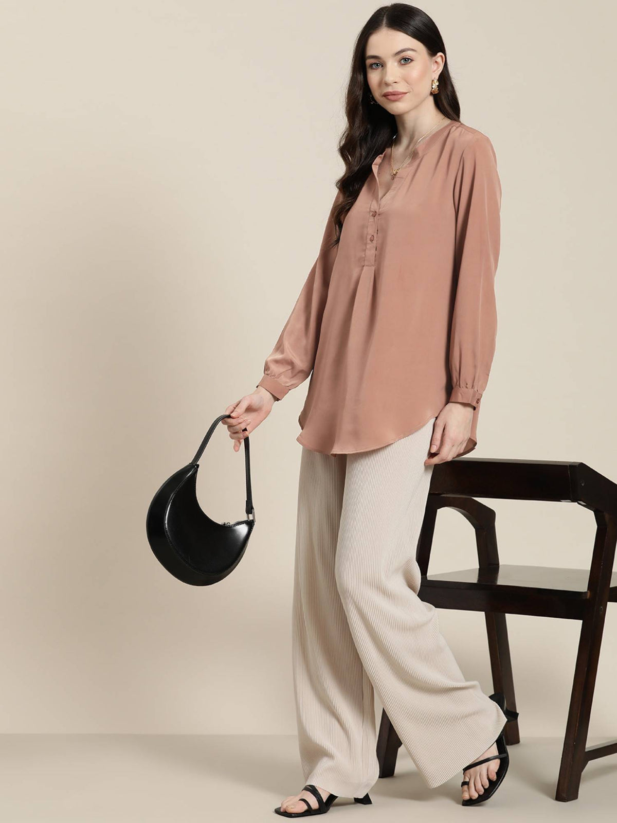 Caramel French Crepe Half Placket Shirt | S67 - view 5