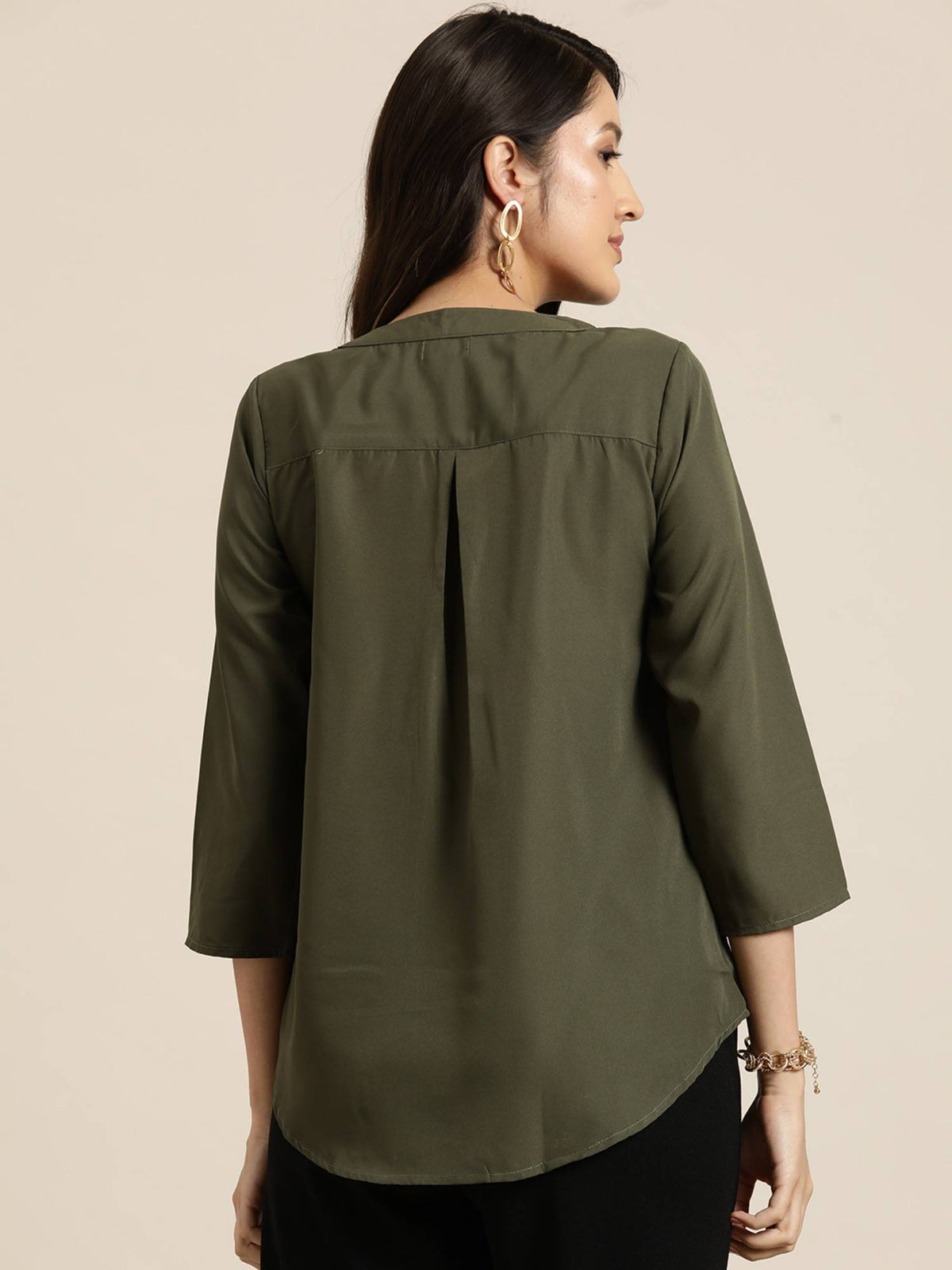 Solid Olive Crepe Half Placket Shirt | S67 - view 2