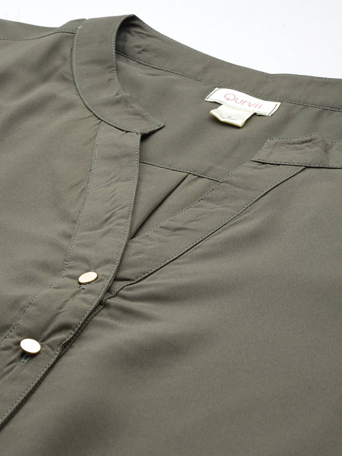 Solid Olive Crepe Half Placket Shirt | S67 - view 3