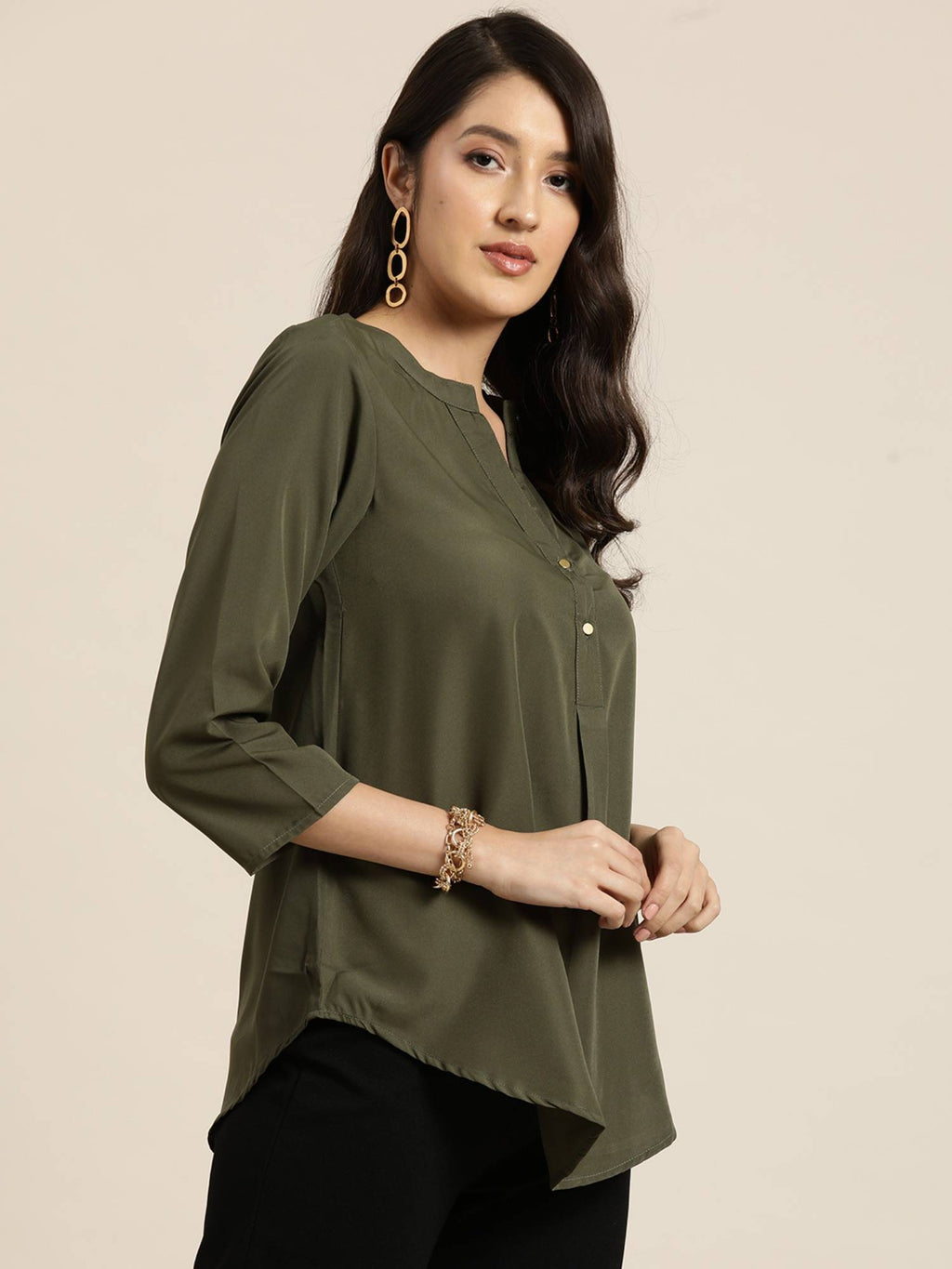 Solid Olive Crepe Half Placket Shirt | S67 - view 4