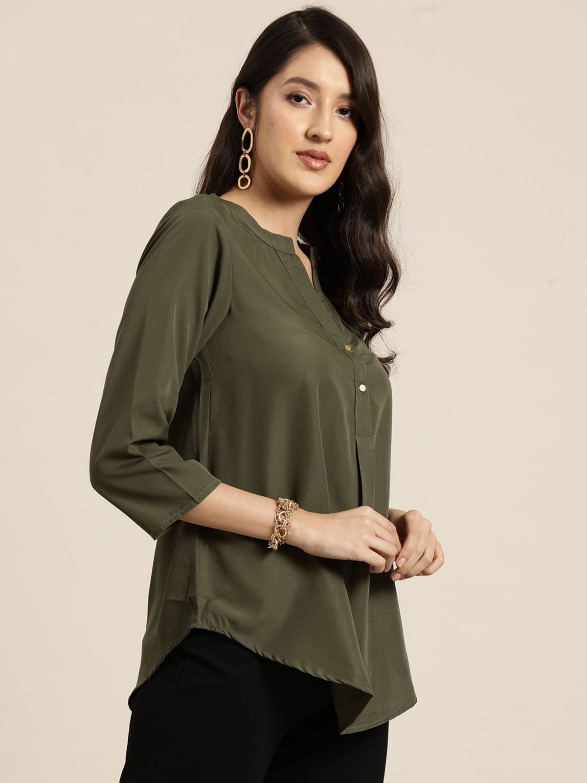 Solid Olive Crepe Half Placket Shirt | S67 - view 4