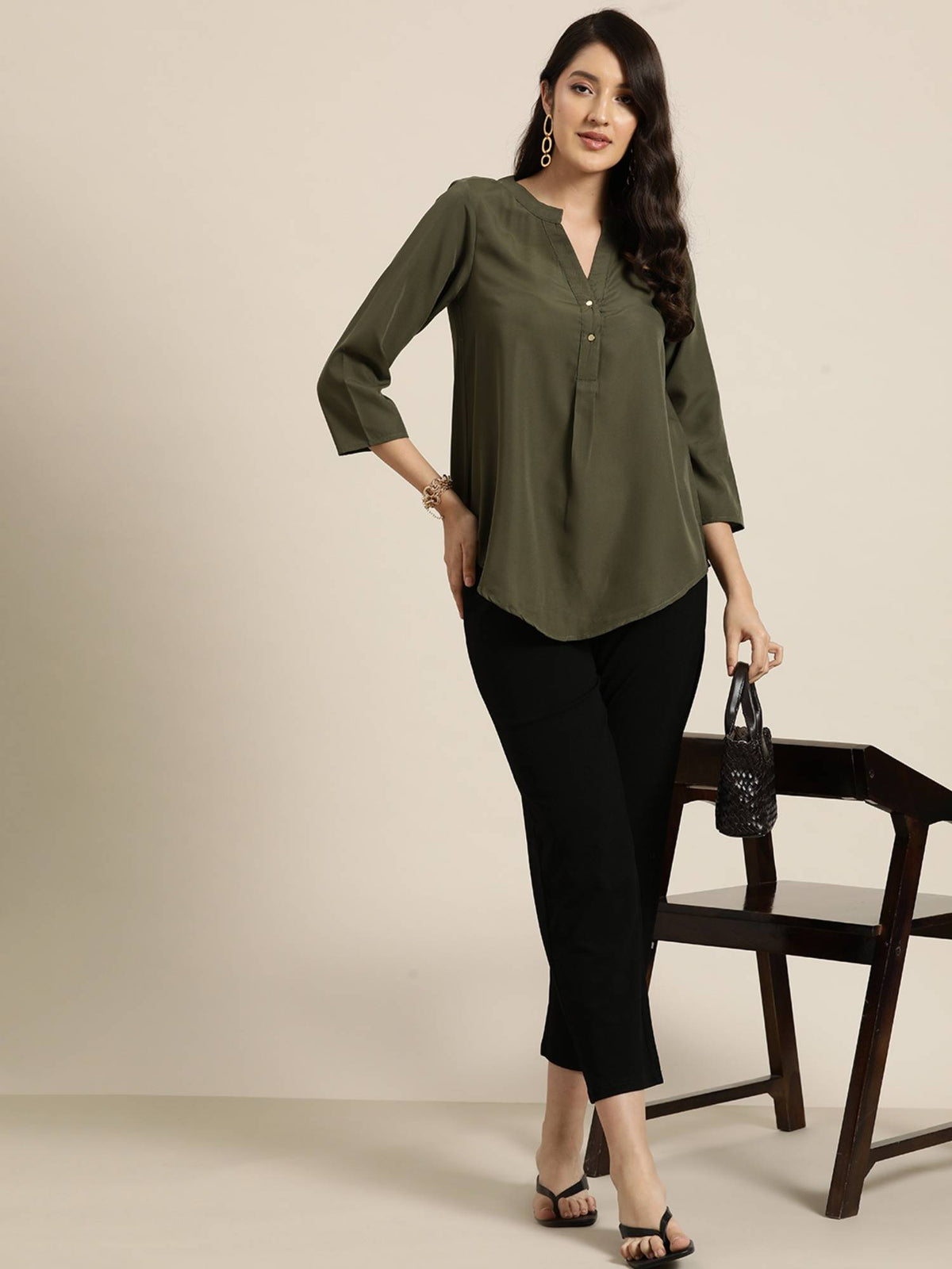 Solid Olive Crepe Half Placket Shirt | S67 - view 5